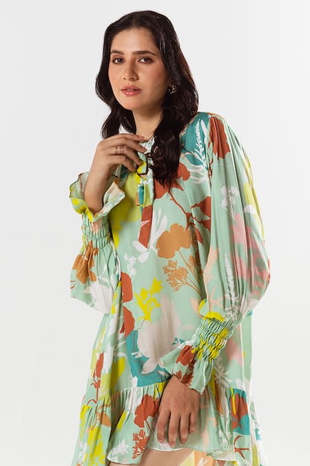Shop Aroop Shop India Green Cotton, Silk Boat Neck Etsu Gardenia Bloom Print Dress Online at Aza Fashions Shop_Aroop Shop India_Green Cotton, Silk Boat Neck Etsu Gardenia Bloom Print Dress _Online_at_Aza_Fashions