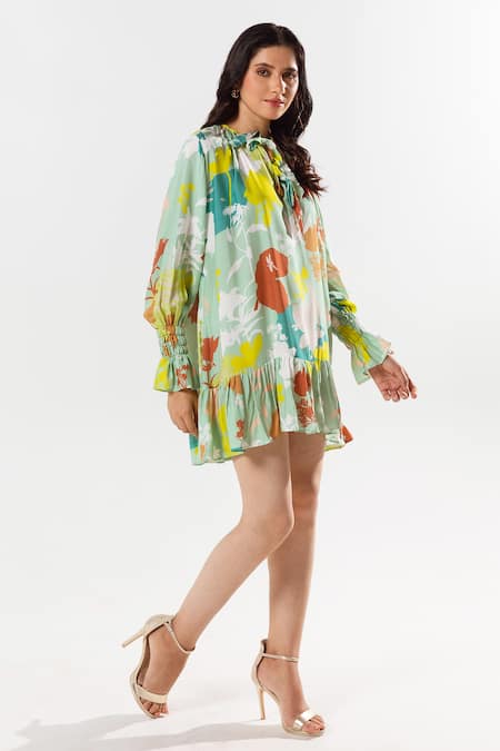 Aroop Shop India Green Cotton, Silk Boat Neck Etsu Gardenia Bloom Print Dress at Aza Fashions Aroop Shop India_Green Cotton, Silk Boat Neck Etsu Gardenia Bloom Print Dress _at_Aza_Fashions