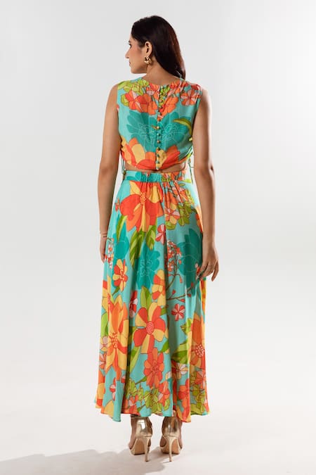 Shop Aroop Shop India Blue Cotton, Silk Round Neck Yurika Flower Print Top With Skirt at Aza Fashions Shop_Aroop Shop India_Blue Cotton, Silk Round Neck Yurika Flower Print Top With Skirt _at_Aza_Fashions