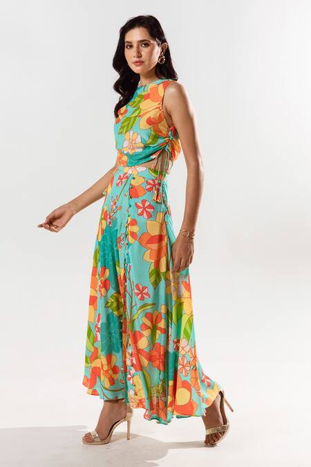 Aroop Shop India Blue Cotton, Silk Round Neck Yurika Flower Print Top With Skirt Online at Aza Fashions Aroop Shop India_Blue Cotton, Silk Round Neck Yurika Flower Print Top With Skirt _Online_at_Aza_Fashions