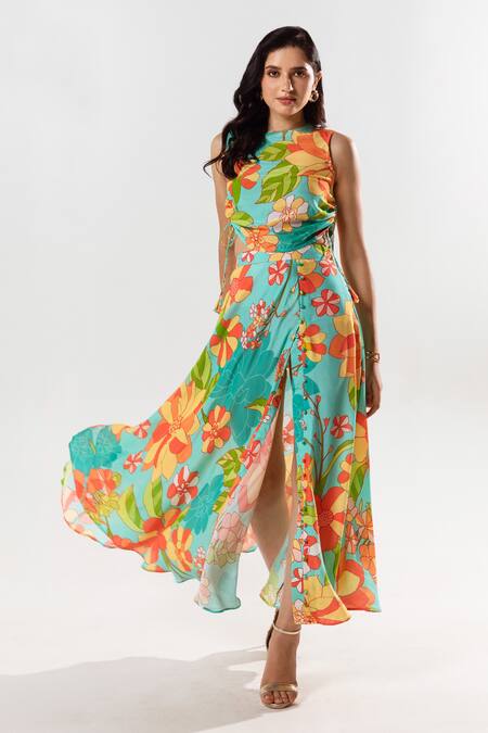 Buy Aroop Shop India Blue Cotton, Silk Round Neck Yurika Flower Print Top With Skirt Online at Aza Fashions Buy_Aroop Shop India_Blue Cotton, Silk Round Neck Yurika Flower Print Top With Skirt _Online_at_Aza_Fashions