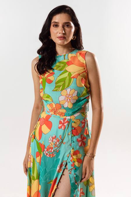 Shop Aroop Shop India Blue Cotton, Silk Round Neck Yurika Flower Print Top With Skirt Online at Aza Fashions Shop_Aroop Shop India_Blue Cotton, Silk Round Neck Yurika Flower Print Top With Skirt _Online_at_Aza_Fashions
