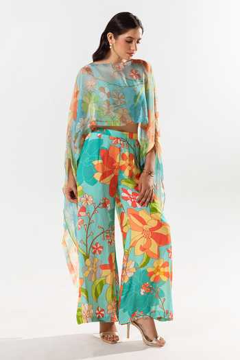 Aroop Shop India_Blue Chiffon, Cotton Square Neck Cynthia Garden Print Cape Pant Set _Online_at_Aza_Fashions