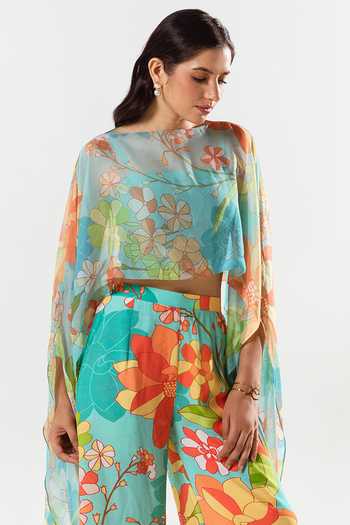 Buy_Aroop Shop India_Blue Chiffon, Cotton Square Neck Cynthia Garden Print Cape Pant Set _Online_at_Aza_Fashions