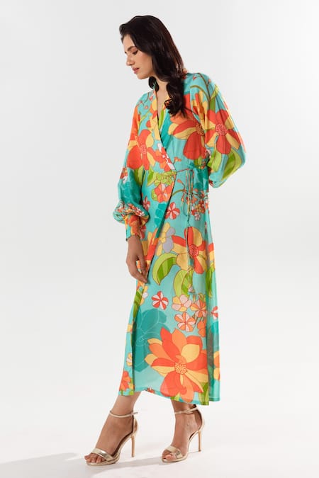 Aroop Shop India_Blue Cotton, Silk Collared Yami Petunia Print Wrap Dress _Online_at_Aza_Fashions