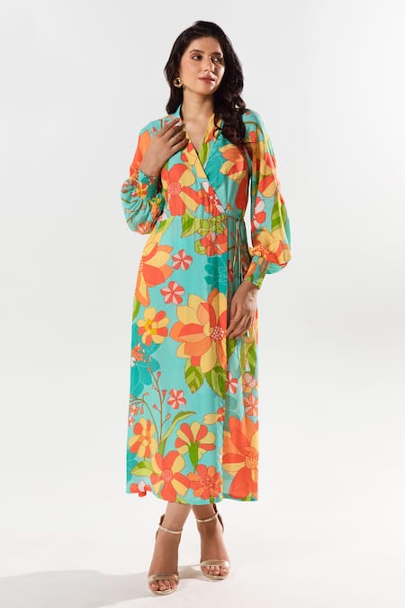 Buy_Aroop Shop India_Blue Cotton, Silk Collared Yami Petunia Print Wrap Dress _Online_at_Aza_Fashions