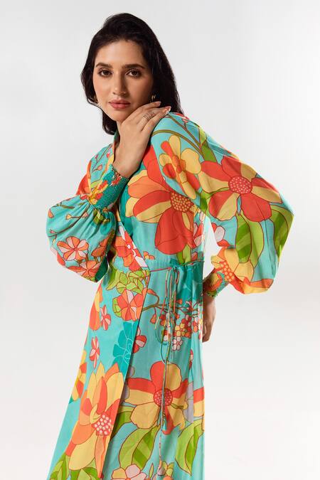 Shop_Aroop Shop India_Blue Cotton, Silk Collared Yami Petunia Print Wrap Dress _Online_at_Aza_Fashions