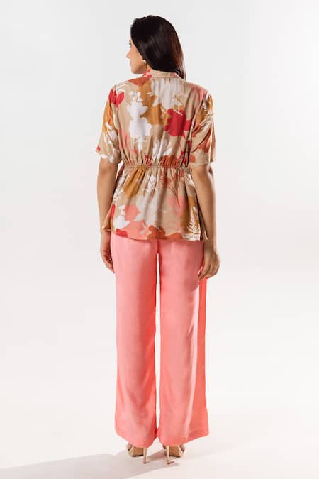 Shop Aroop Shop India Beige Cotton, Silk Collared Vienna Printed Shacket Pant Set at Aza Fashions Shop_Aroop Shop India_Beige Cotton, Silk Collared Vienna Printed Shacket Pant Set _at_Aza_Fashions