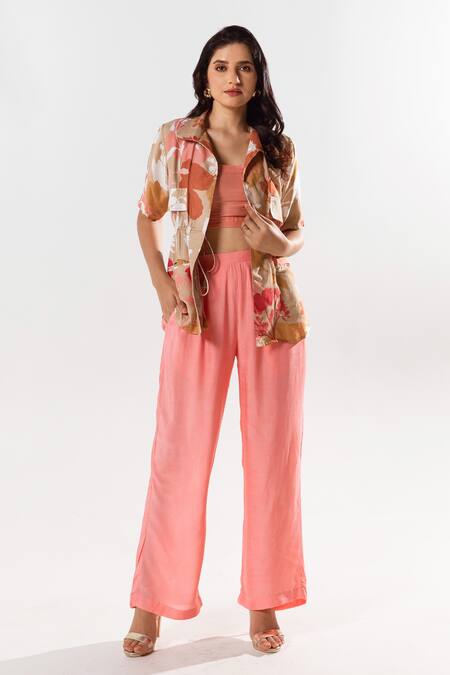 Aroop Shop India Beige Cotton, Silk Collared Vienna Printed Shacket Pant Set Online at Aza Fashions Aroop Shop India_Beige Cotton, Silk Collared Vienna Printed Shacket Pant Set _Online_at_Aza_Fashions