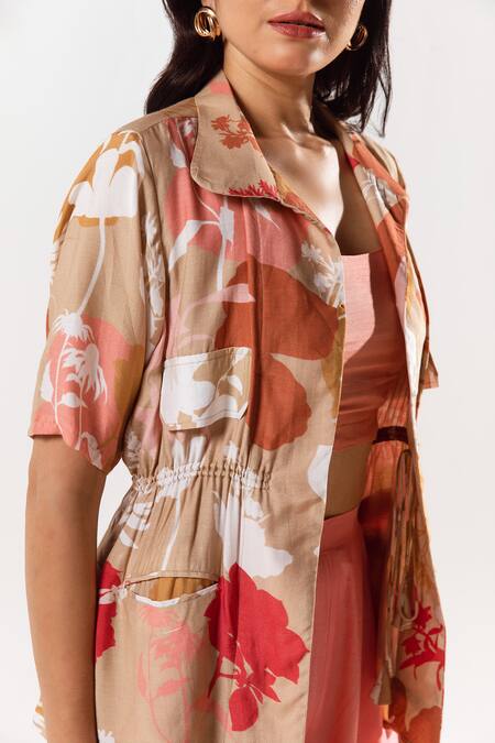 Buy Aroop Shop India Beige Cotton, Silk Collared Vienna Printed Shacket Pant Set Online at Aza Fashions Buy_Aroop Shop India_Beige Cotton, Silk Collared Vienna Printed Shacket Pant Set _Online_at_Aza_Fashions