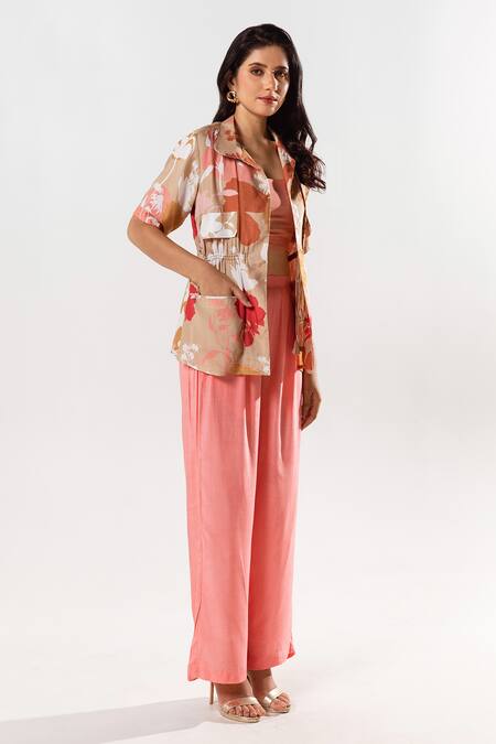 Shop Aroop Shop India Beige Cotton, Silk Collared Vienna Printed Shacket Pant Set Online at Aza Fashions Shop_Aroop Shop India_Beige Cotton, Silk Collared Vienna Printed Shacket Pant Set _Online_at_Aza_Fashions