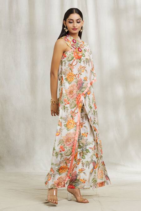 Buy_Divya Kanakia_Off White Crepe Pearls, Botanical Print Jumpsuit With 3d Embroidered Collar _Online_at_Aza_Fashions