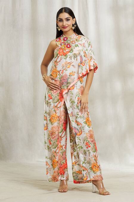 Shop_Divya Kanakia_Off White Crepe Pearls, Botanical Print Jumpsuit With 3d Embroidered Collar _Online_at_Aza_Fashions