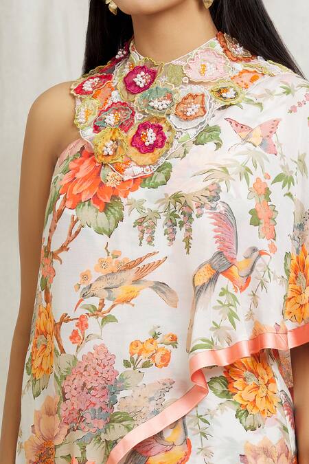 Divya Kanakia_Off White Crepe Pearls, Botanical Print Jumpsuit With 3d Embroidered Collar _at_Aza_Fashions