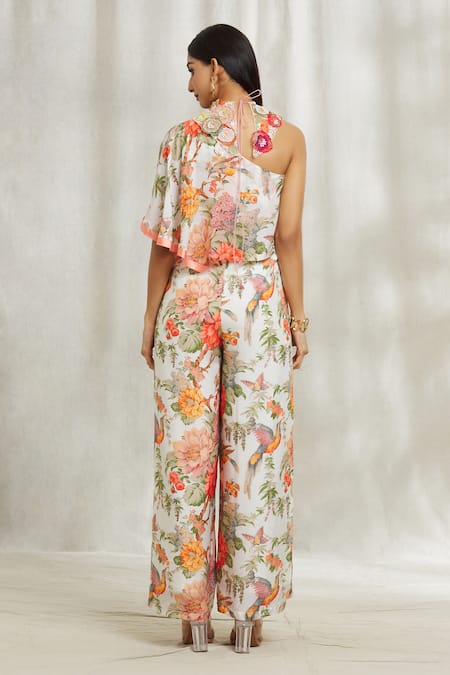 Divya Kanakia Botanical Print Jumpsuit With 3D Embroidered Collar 