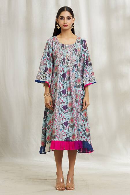 Divya Kanakia Blue Organza, Crepe Embroidery, Zari Round Neck Floral Print Dress Online at Aza Fashions Divya Kanakia_Blue Organza, Crepe Embroidery, Zari Round Neck Floral Print Dress _Online_at_Aza_Fashions