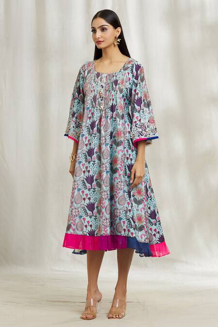 Buy Divya Kanakia Blue Organza, Crepe Embroidery, Zari Round Neck Floral Print Dress Online at Aza Fashions Buy_Divya Kanakia_Blue Organza, Crepe Embroidery, Zari Round Neck Floral Print Dress _Online_at_Aza_Fashions