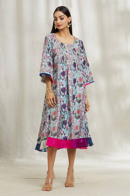 Shop Divya Kanakia Blue Organza, Crepe Embroidery, Zari Round Neck Floral Print Dress Online at Aza Fashions Shop_Divya Kanakia_Blue Organza, Crepe Embroidery, Zari Round Neck Floral Print Dress _Online_at_Aza_Fashions