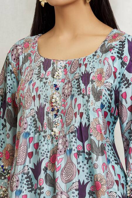 Divya Kanakia Blue Organza, Crepe Embroidery, Zari Round Neck Floral Print Dress at Aza Fashions Divya Kanakia_Blue Organza, Crepe Embroidery, Zari Round Neck Floral Print Dress _at_Aza_Fashions