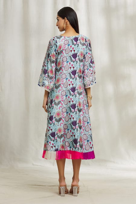 Shop Divya Kanakia Blue Organza, Crepe Embroidery, Zari Round Neck Floral Print Dress at Aza Fashions Shop_Divya Kanakia_Blue Organza, Crepe Embroidery, Zari Round Neck Floral Print Dress _at_Aza_Fashions