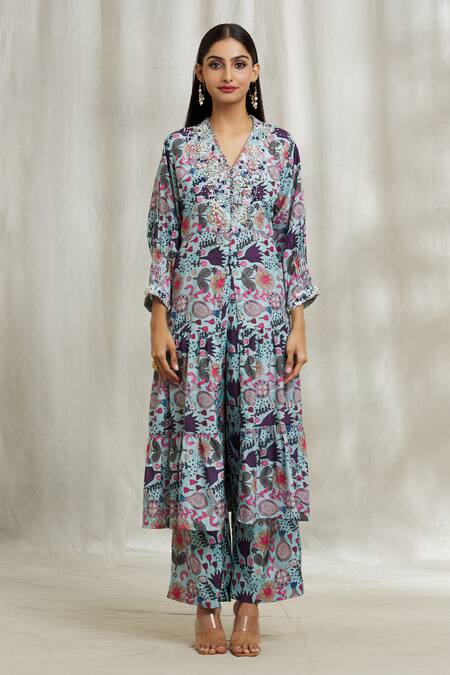 Divya Kanakia Blue Crepe Diamonds, Crystals, Pearls, Sequins V-neck Printed Layered Kurta Set Online at Aza Fashions Divya Kanakia_Blue Crepe Diamonds, Crystals, Pearls, Sequins V-neck Printed Layered Kurta Set _Online_at_Aza_Fashions