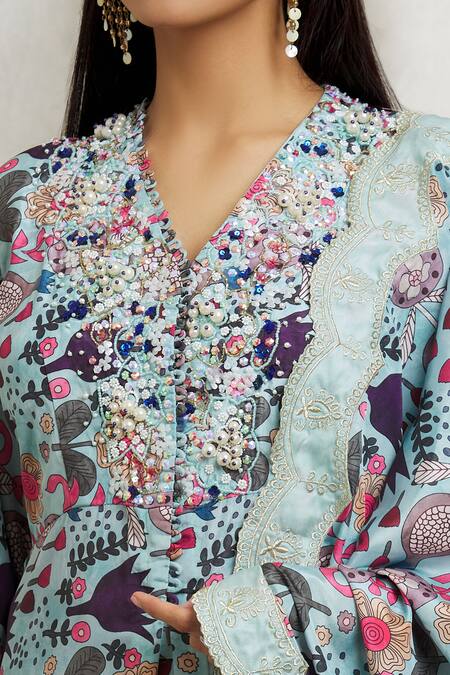 Shop Divya Kanakia Blue Crepe Diamonds, Crystals, Pearls, Sequins V-neck Printed Layered Kurta Set Online at Aza Fashions Shop_Divya Kanakia_Blue Crepe Diamonds, Crystals, Pearls, Sequins V-neck Printed Layered Kurta Set _Online_at_Aza_Fashions