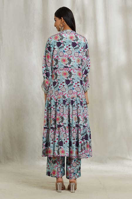 Shop Divya Kanakia Blue Crepe Diamonds, Crystals, Pearls, Sequins V-neck Printed Layered Kurta Set at Aza Fashions Shop_Divya Kanakia_Blue Crepe Diamonds, Crystals, Pearls, Sequins V-neck Printed Layered Kurta Set _at_Aza_Fashions