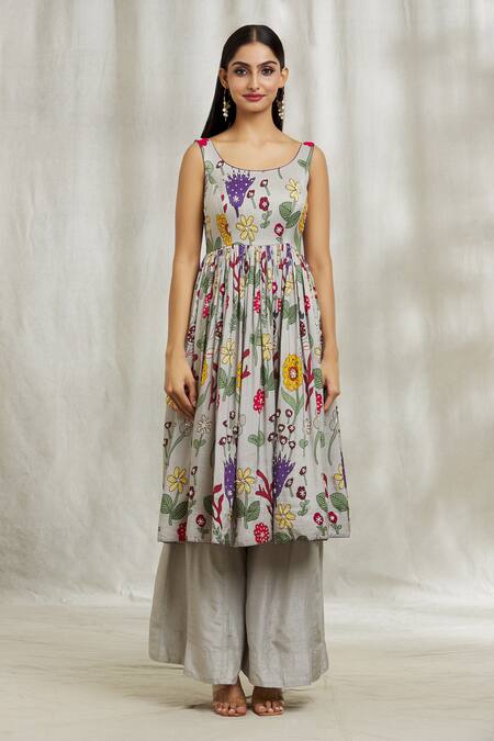 Divya Kanakia_Grey Silk, Organza Embroidery, Pearls, Sequins, Beads Floral Print Anarkali Set _Online_at_Aza_Fashions