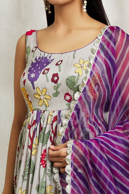 Shop_Divya Kanakia_Grey Silk, Organza Embroidery, Pearls, Sequins, Beads Floral Print Anarkali Set _Online_at_Aza_Fashions