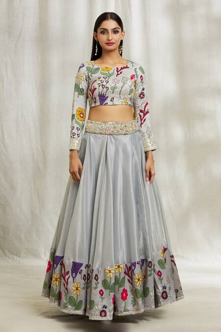Divya Kanakia_Grey Silk, Organza Embroidery, Sequins, Pearls, Placement Printed Lehenga Set _Online_at_Aza_Fashions