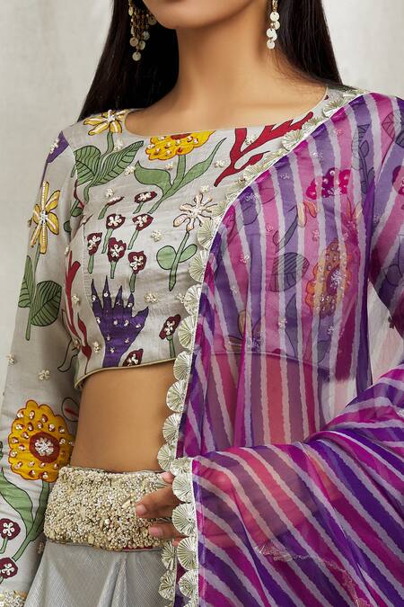 Shop_Divya Kanakia_Grey Silk, Organza Embroidery, Sequins, Pearls, Placement Printed Lehenga Set _Online_at_Aza_Fashions