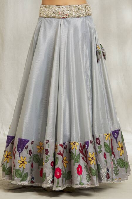 Divya Kanakia_Grey Silk, Organza Embroidery, Sequins, Pearls, Placement Printed Lehenga Set _at_Aza_Fashions