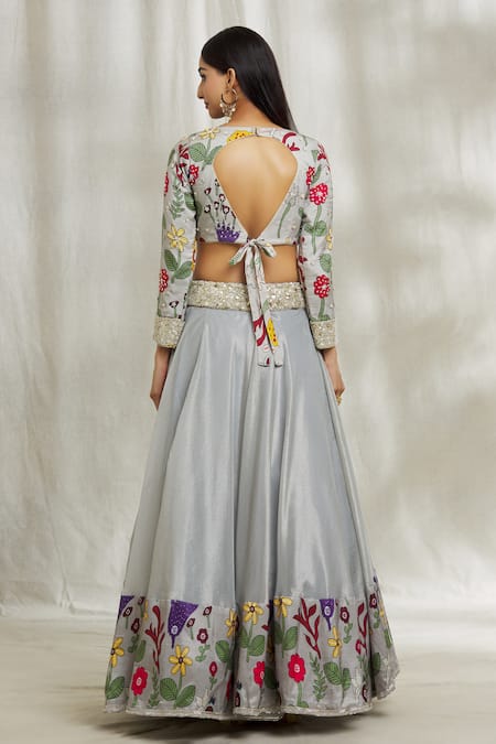 Shop_Divya Kanakia_Grey Silk, Organza Embroidery, Sequins, Pearls, Placement Printed Lehenga Set _at_Aza_Fashions