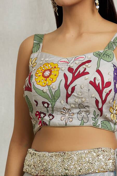 Shop Divya Kanakia Grey Silk, Organza Sequins, Pearls, Beads, Flower Placement Print Lehenga Set Online at Aza Fashions Shop_Divya Kanakia_Grey Silk, Organza Sequins, Pearls, Beads, Flower Placement Print Lehenga Set _Online_at_Aza_Fashions