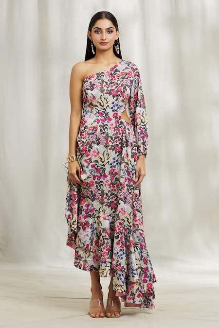Divya Kanakia_Green Modal, Satin, Crepe Asymmetric One Shoulder Floral Print Dress _Online_at_Aza_Fashions