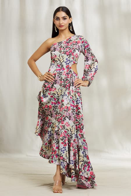 Buy_Divya Kanakia_Green Modal, Satin, Crepe Asymmetric One Shoulder Floral Print Dress _Online_at_Aza_Fashions