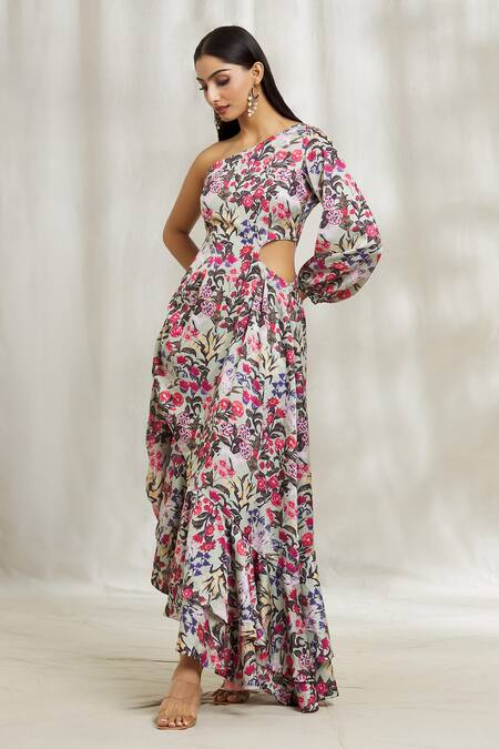 Shop_Divya Kanakia_Green Modal, Satin, Crepe Asymmetric One Shoulder Floral Print Dress _Online_at_Aza_Fashions
