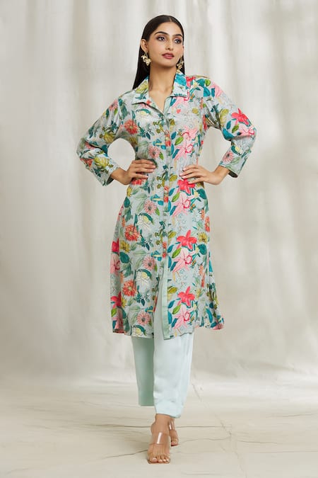 Divya Kanakia Blue Kurta Crepe Printed Garden Spread Collar Shirt And Pant Set 