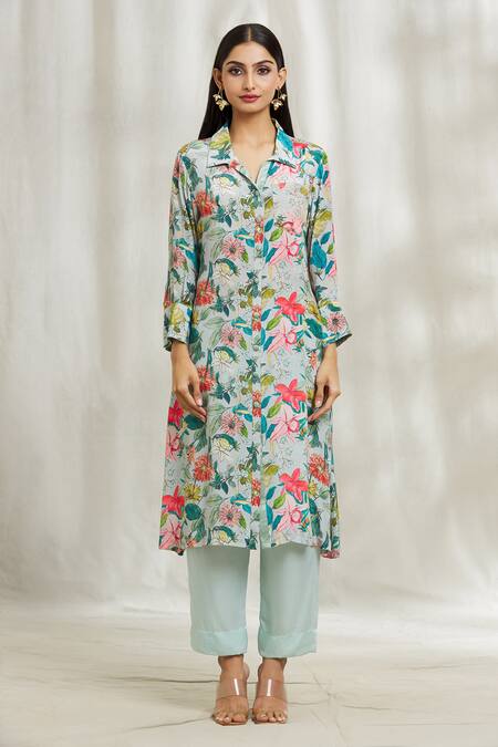 Divya Kanakia Blue Crepe, Modal, Satin Collared Garden Print Shirt Kurta And Pant Set Online at Aza Fashions Divya Kanakia_Blue Crepe, Modal, Satin Collared Garden Print Shirt Kurta And Pant Set _Online_at_Aza_Fashions