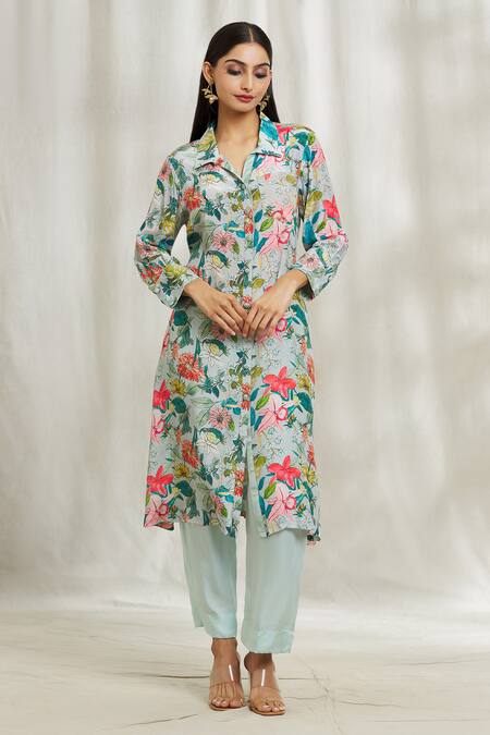 Buy Divya Kanakia Blue Crepe, Modal, Satin Collared Garden Print Shirt Kurta And Pant Set Online at Aza Fashions Buy_Divya Kanakia_Blue Crepe, Modal, Satin Collared Garden Print Shirt Kurta And Pant Set _Online_at_Aza_Fashions