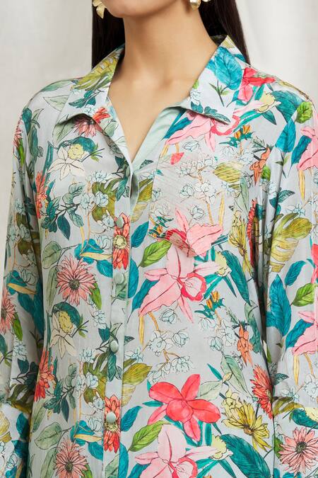 Shop Divya Kanakia Blue Crepe, Modal, Satin Collared Garden Print Shirt Kurta And Pant Set Online at Aza Fashions Shop_Divya Kanakia_Blue Crepe, Modal, Satin Collared Garden Print Shirt Kurta And Pant Set _Online_at_Aza_Fashions