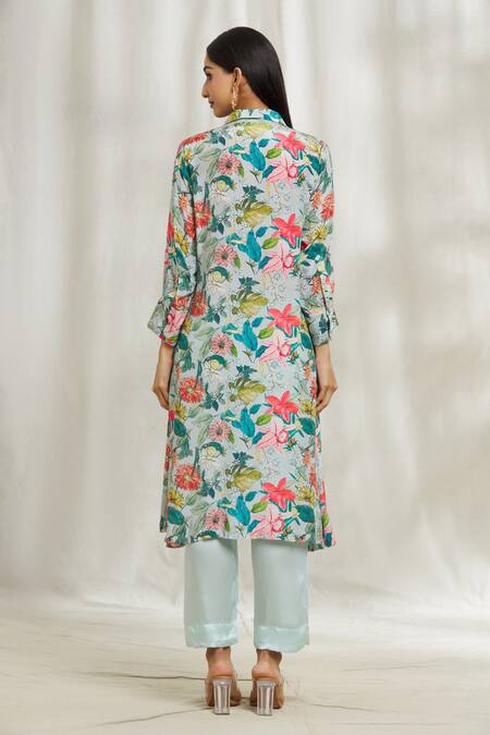 Shop Divya Kanakia Blue Crepe, Modal, Satin Collared Garden Print Shirt Kurta And Pant Set at Aza Fashions Shop_Divya Kanakia_Blue Crepe, Modal, Satin Collared Garden Print Shirt Kurta And Pant Set _at_Aza_Fashions