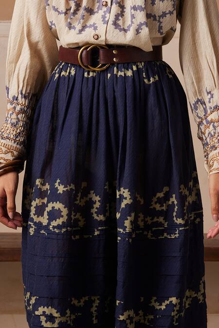 Cord_Blue Cotton Spiral Print Pintucked Skirt_Online_at_Aza_Fashions