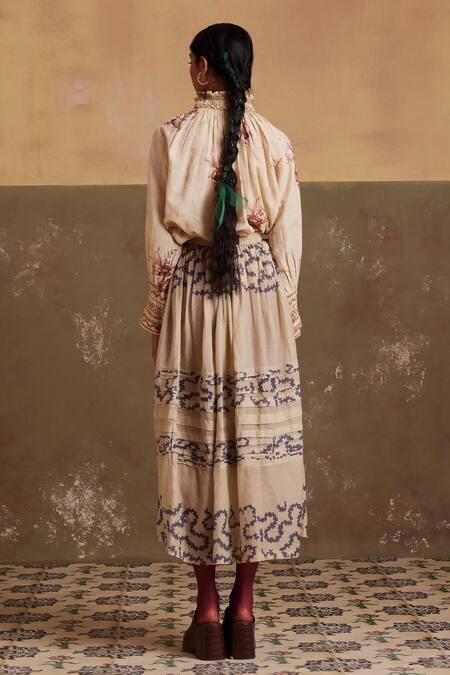 Shop Cord Ivory Cotton Pintucked Spiral Print Skirt at Aza Fashions Shop_Cord_Ivory Cotton Pintucked Spiral Print Skirt_at_Aza_Fashions