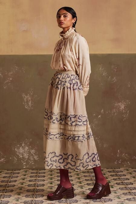 Cord Ivory Cotton Pintucked Spiral Print Skirt Online at Aza Fashions Cord_Ivory Cotton Pintucked Spiral Print Skirt_Online_at_Aza_Fashions