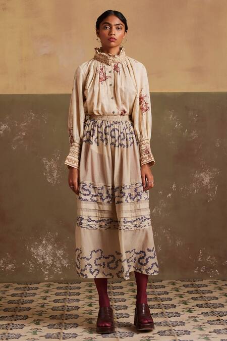 Buy Cord Ivory Cotton Pintucked Spiral Print Skirt Online at Aza Fashions Buy_Cord_Ivory Cotton Pintucked Spiral Print Skirt_Online_at_Aza_Fashions