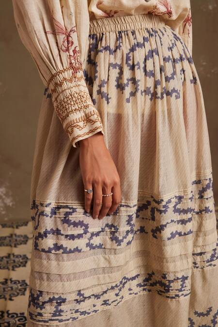 Shop Cord Ivory Cotton Pintucked Spiral Print Skirt Online at Aza Fashions Shop_Cord_Ivory Cotton Pintucked Spiral Print Skirt_Online_at_Aza_Fashions