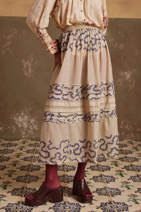 Cord Ivory Cotton Pintucked Spiral Print Skirt at Aza Fashions Cord_Ivory Cotton Pintucked Spiral Print Skirt_at_Aza_Fashions