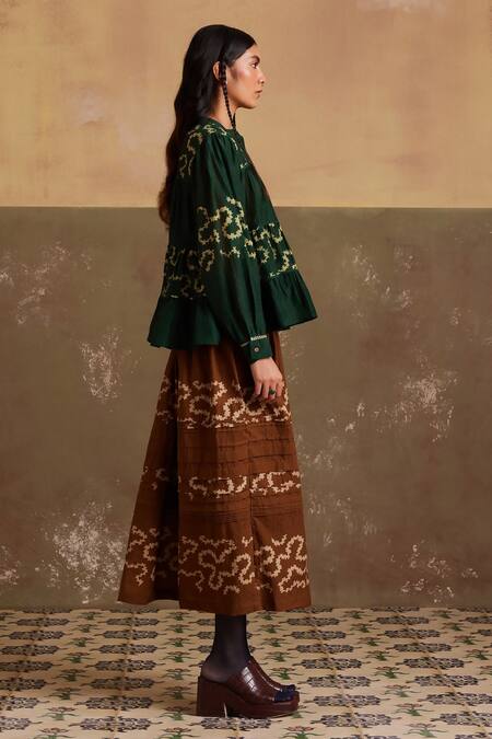 Cord_Brown Cotton Spiral Print Tiered Skirt_Online_at_Aza_Fashions