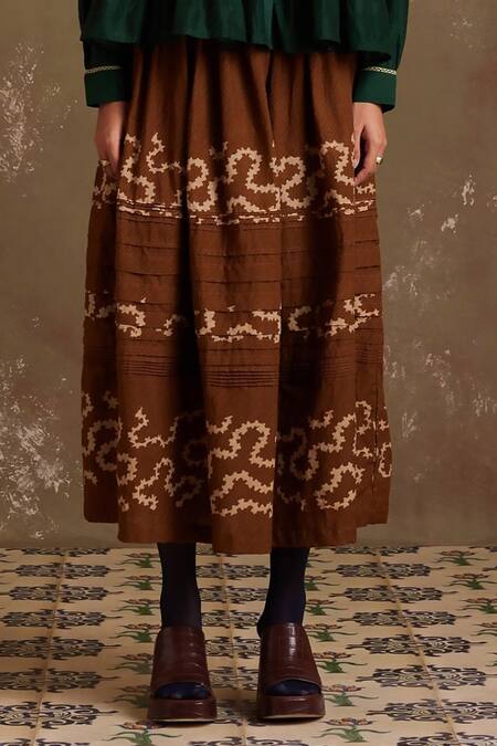 Buy_Cord_Brown Cotton Spiral Print Tiered Skirt_Online_at_Aza_Fashions